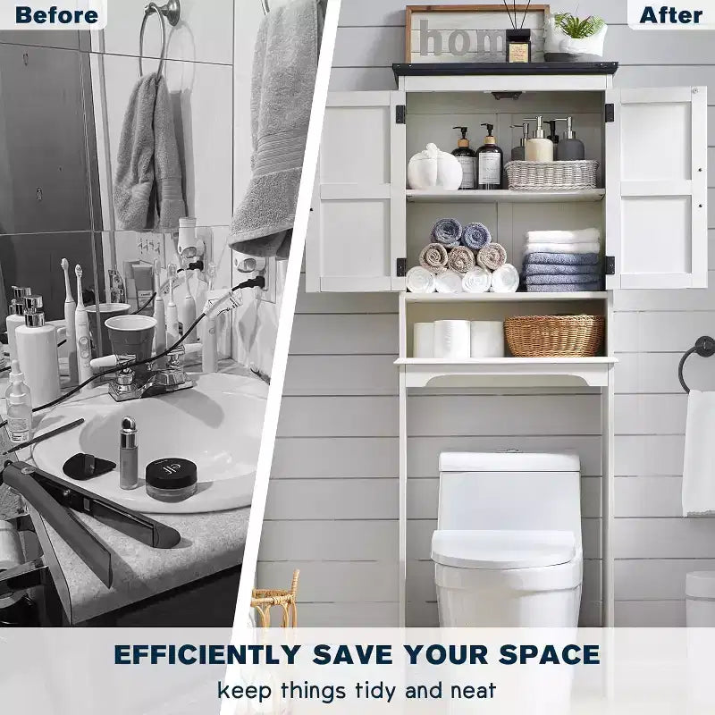 Meuble de rangement de salle de bain de style ferme de 67 po avec étagère réglable et porte, à placer au-dessus des toilettes