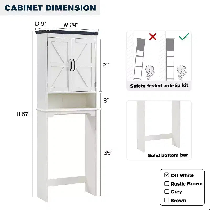 Meuble de rangement de salle de bain de style ferme de 67 po avec étagère réglable et porte, à placer au-dessus des toilettes