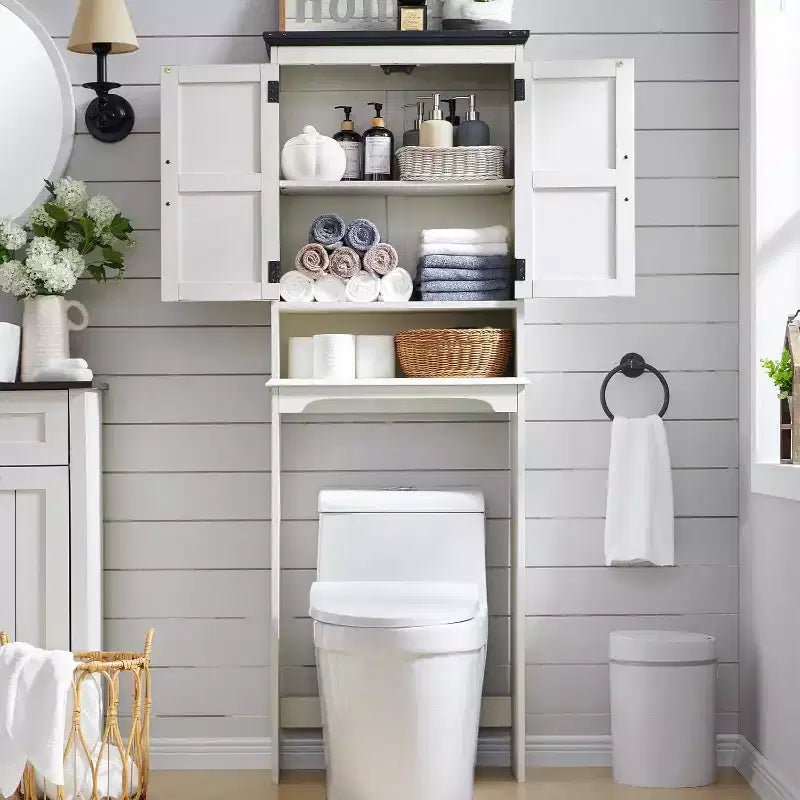 Meuble de rangement de salle de bain de style ferme de 67 po avec étagère réglable et porte, à placer au-dessus des toilettes