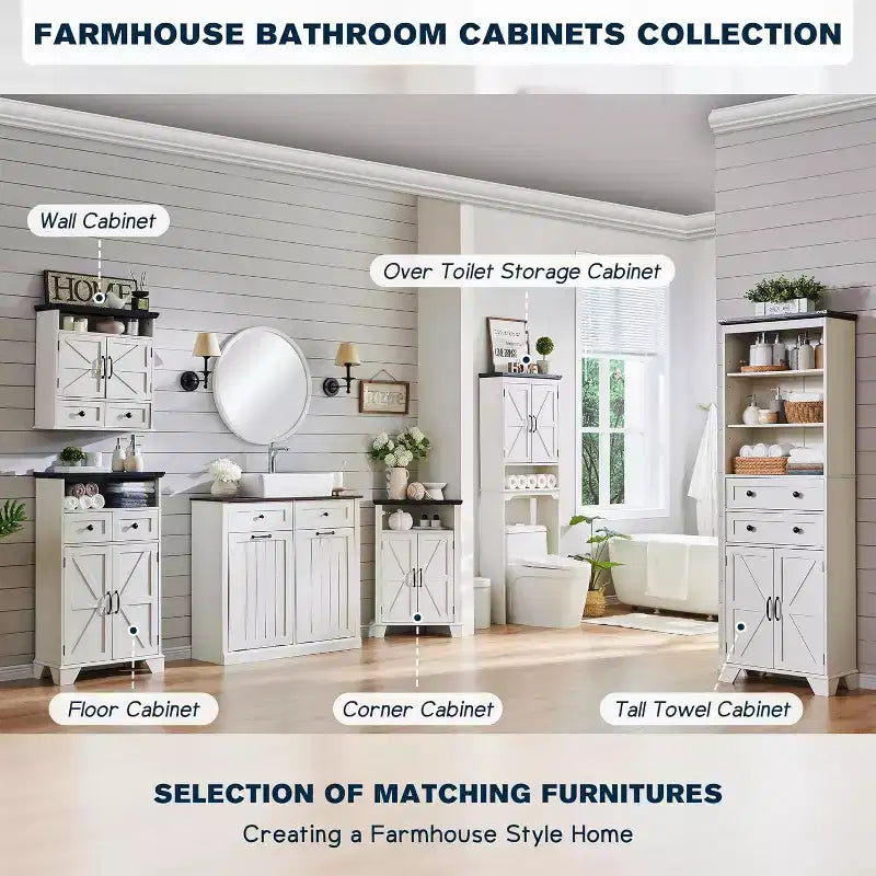 Meuble de rangement de salle de bain de style ferme de 67 po avec étagère réglable et porte, à placer au-dessus des toilettes