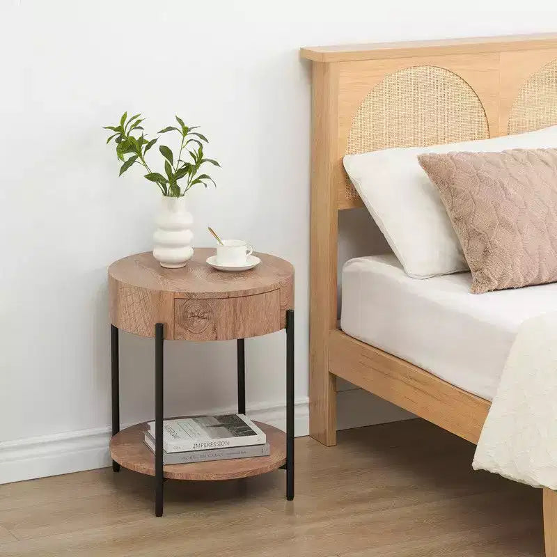 Table basse ronde vintage avec tiroir - Table centrale d'appoint en bois avec rangement pour salon
