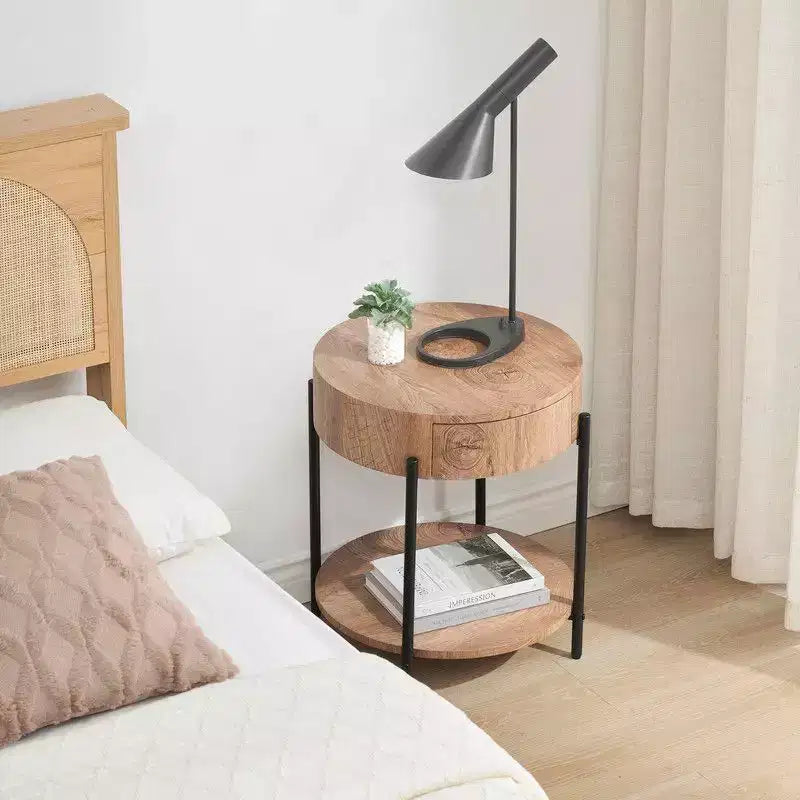 Table basse ronde vintage avec tiroir - Table centrale d'appoint en bois avec rangement pour salon