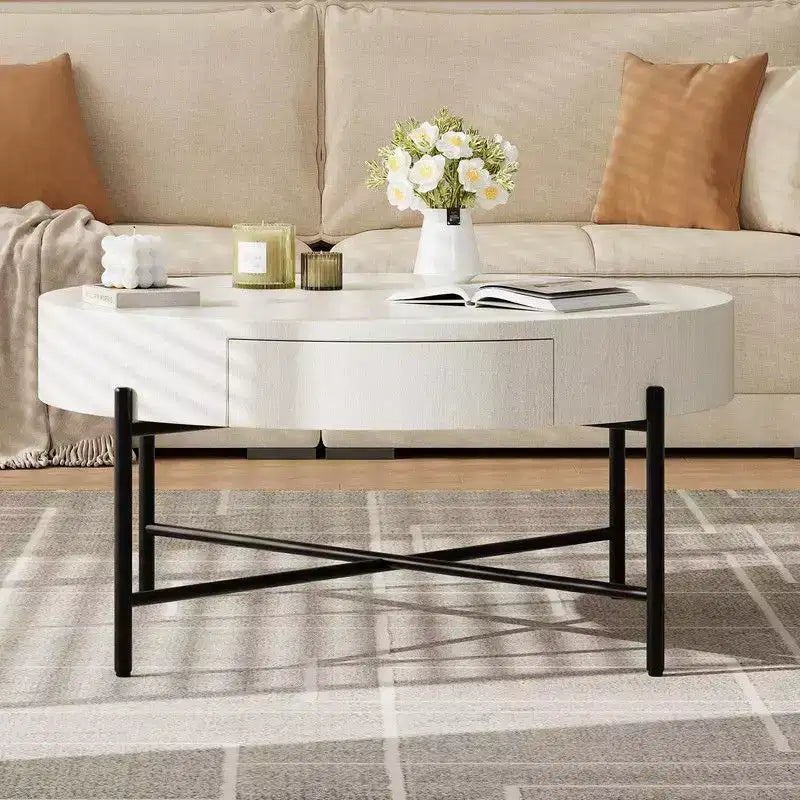 Table basse ronde vintage avec tiroir - Table centrale d'appoint en bois avec rangement pour salon