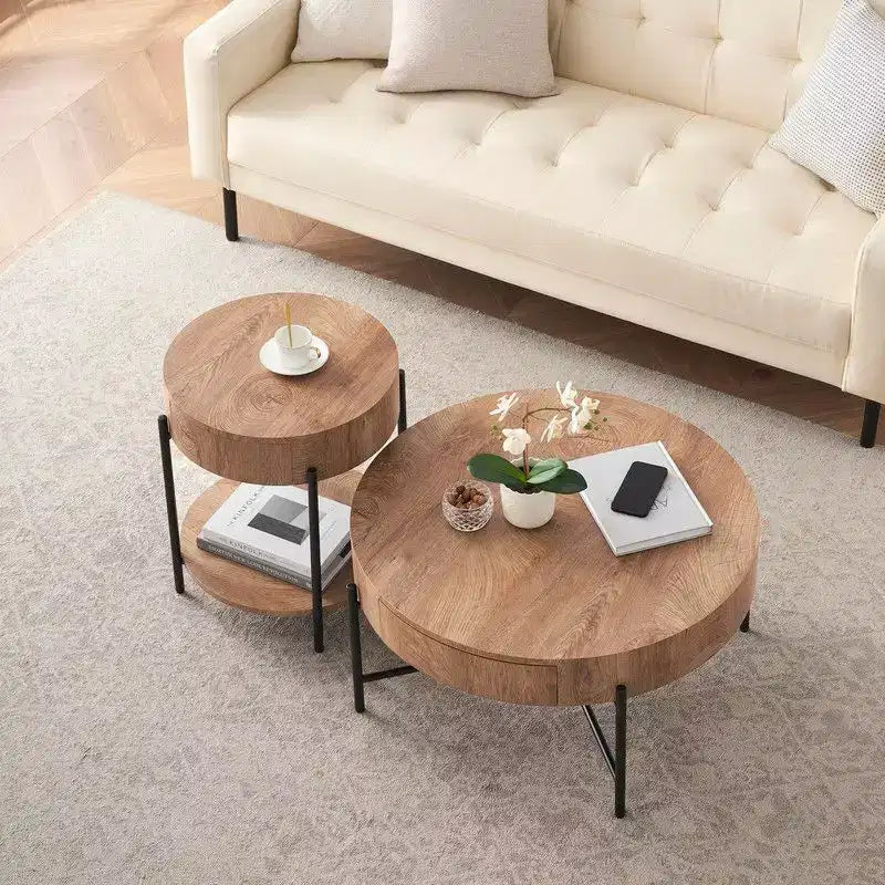 Table basse ronde vintage avec tiroir - Table centrale d'appoint en bois avec rangement pour salon