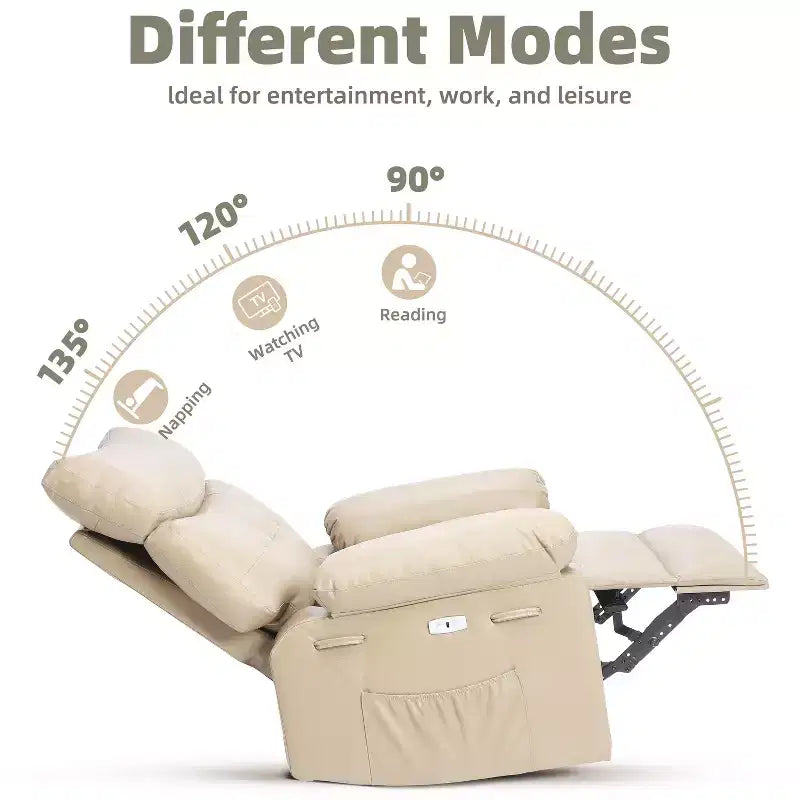 Fauteuil inclinable manuel en cuir PU, fauteuil à bascule pivotant à 306 degrés avec poches latérales, fauteuil inclinable moderne pour une personne, beige