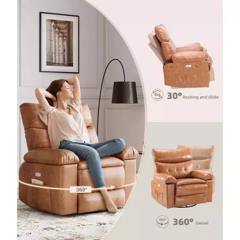 Fauteuil inclinable manuel en cuir PU, fauteuil à bascule pivotant à 306 degrés avec poches latérales, fauteuil inclinable moderne pour une personne, beige