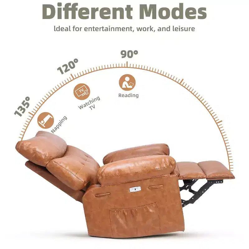 Fauteuil inclinable manuel en cuir PU, fauteuil à bascule pivotant à 306 degrés avec poches latérales, fauteuil inclinable moderne pour une personne, beige
