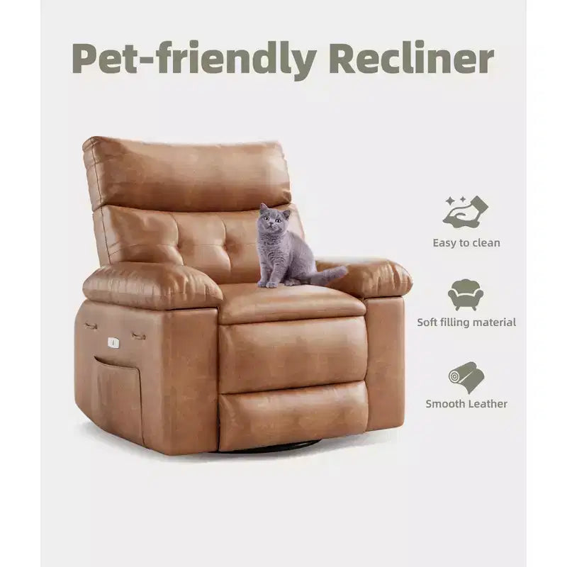 Fauteuil inclinable manuel en cuir PU, fauteuil à bascule pivotant à 306 degrés avec poches latérales, fauteuil inclinable moderne pour une personne, beige