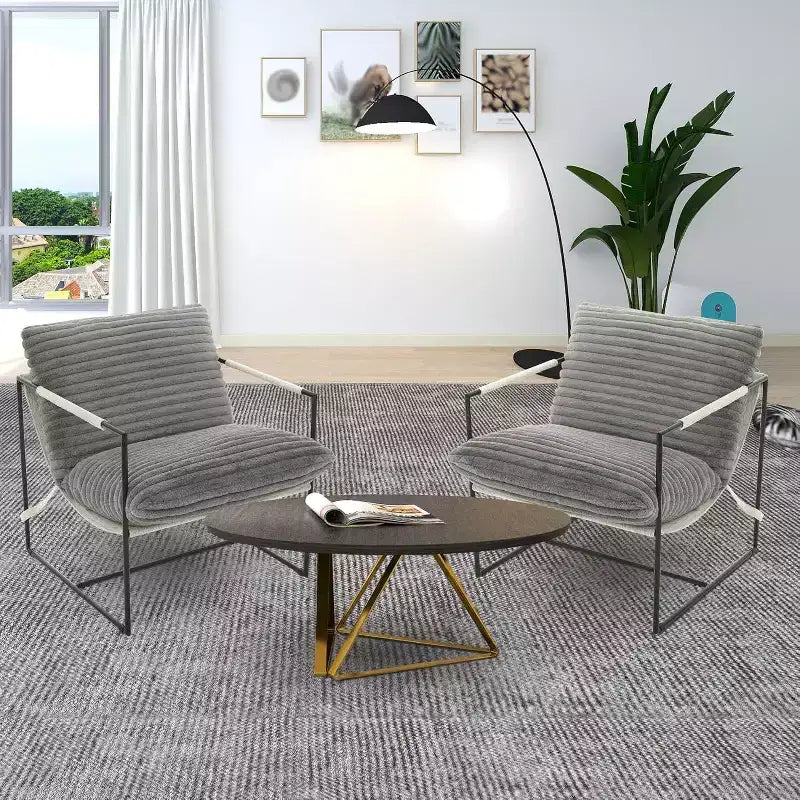 Fauteuil bas de salon, lot de 2, structure en métal avec accoudoirs, coussin en mousse déchiquetée, fauteuil surdimensionné pour chambre, bureau, gris clair