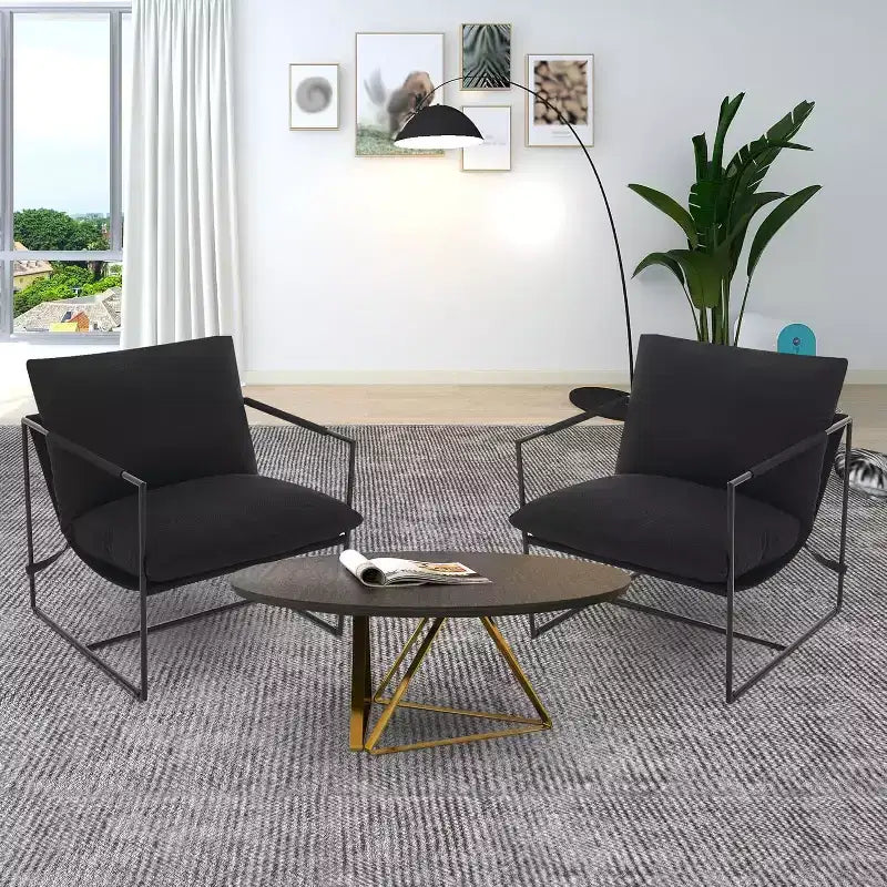 Fauteuil bas de salon, lot de 2, structure en métal avec accoudoirs, coussin en mousse déchiquetée, fauteuil surdimensionné pour chambre, bureau, gris clair