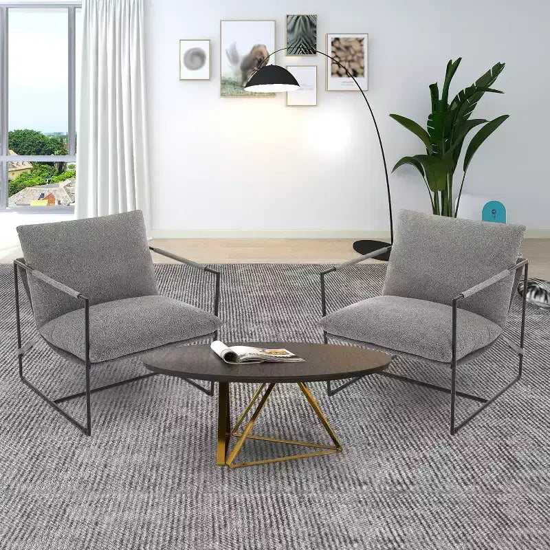 Fauteuil bas de salon, lot de 2, structure en métal avec accoudoirs, coussin en mousse déchiquetée, fauteuil surdimensionné pour chambre, bureau, gris clair