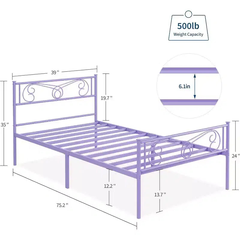 Cadre de lit double en métal avec tête de lit, pied de lit, tiroir de rangement de 12,2 pouces et lattes en acier, violet