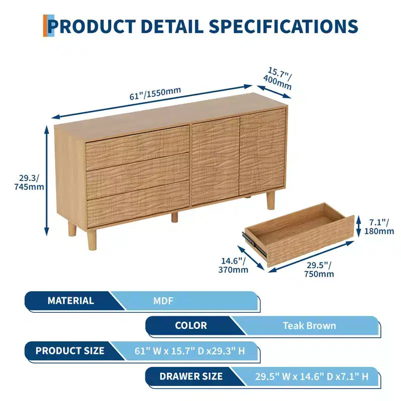 Buffet en bois naturel de 155 cm de style moderne du milieu du siècle avec 3 tiroirs et 2 portes