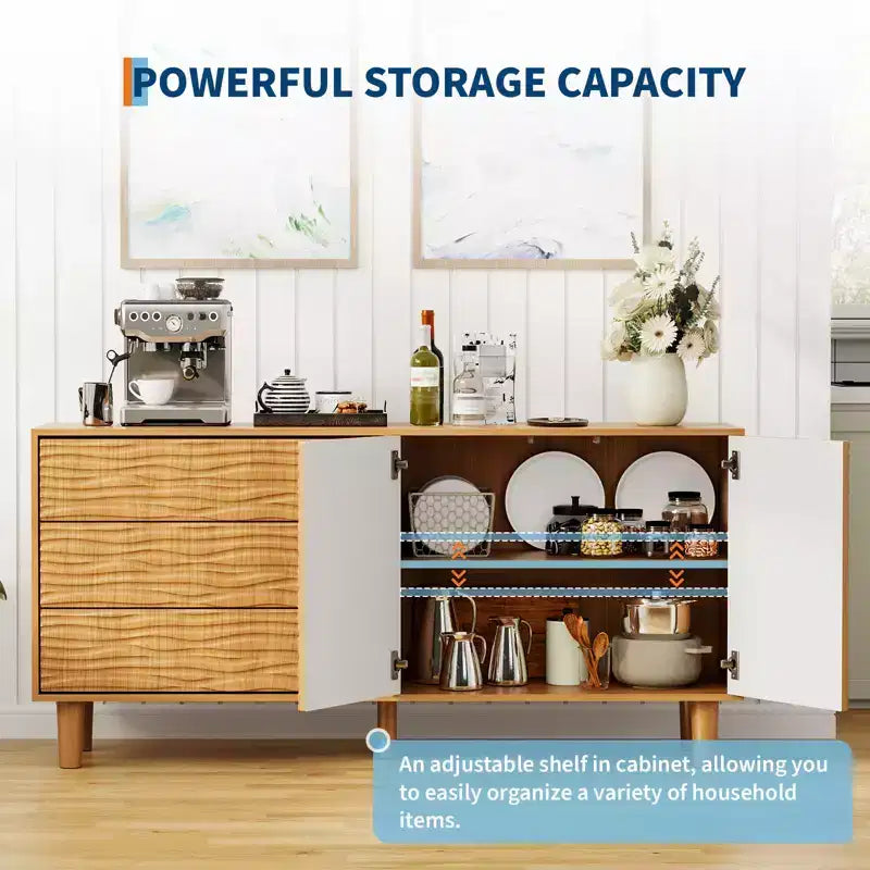 Buffet en bois naturel de 155 cm de style moderne du milieu du siècle avec 3 tiroirs et 2 portes