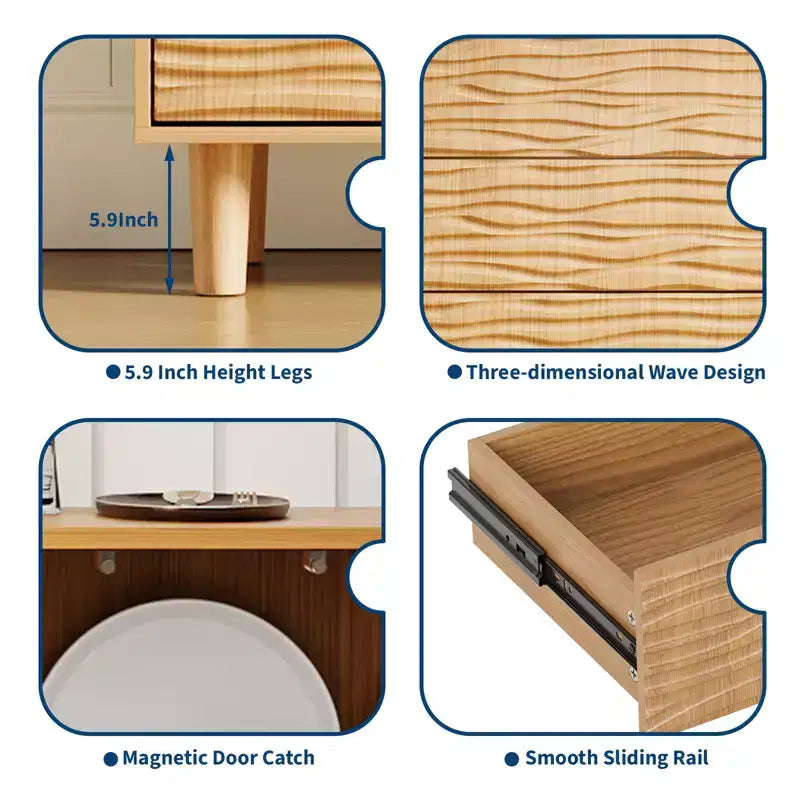 Buffet en bois naturel de 155 cm de style moderne du milieu du siècle avec 3 tiroirs et 2 portes