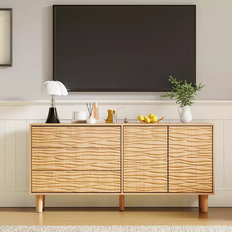 Buffet en bois naturel de 155 cm de style moderne du milieu du siècle avec 3 tiroirs et 2 portes