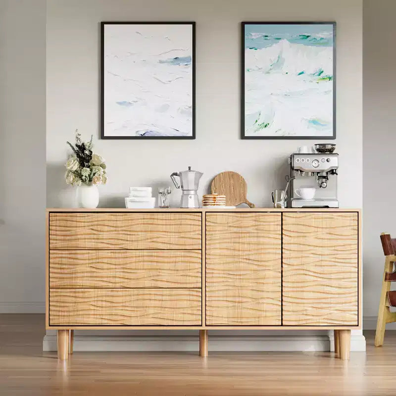 Buffet en bois naturel de 155 cm de style moderne du milieu du siècle avec 3 tiroirs et 2 portes