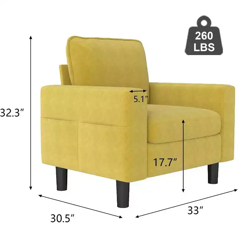 Fauteuil d'appoint moderne 84 cm avec accoudoirs et coussins, moutarde