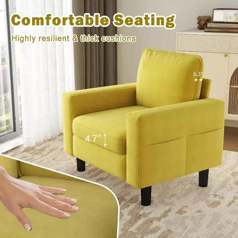 Fauteuil d'appoint moderne 84 cm avec accoudoirs et coussins, moutarde