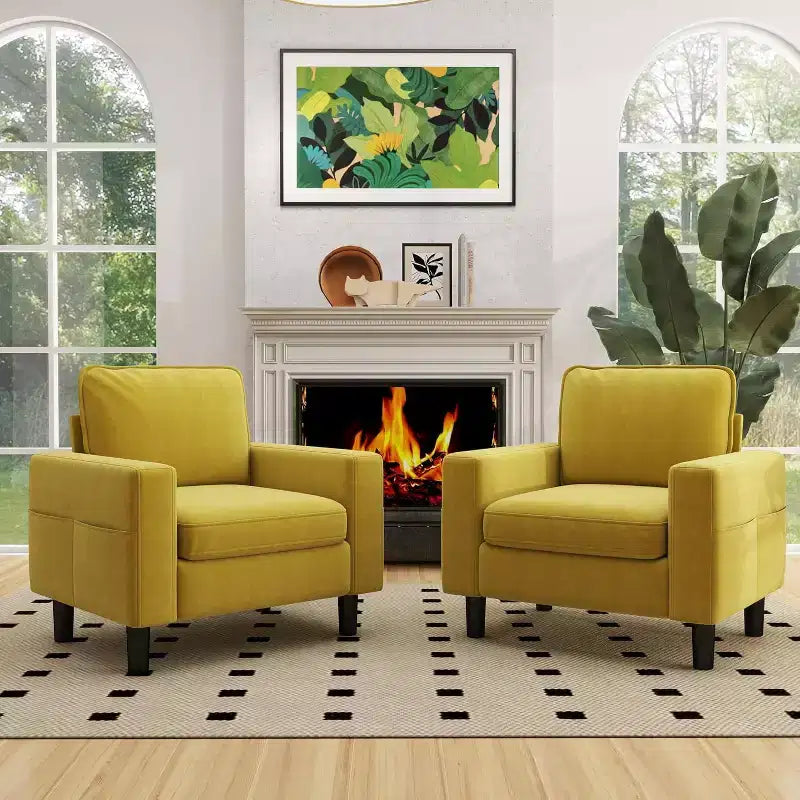 Fauteuil d'appoint moderne 84 cm avec accoudoirs et coussins, moutarde
