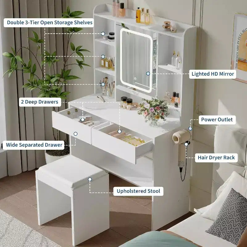 Coiffeuse avec miroir et lumières, 3 modes d'éclairage à luminosité réglable, étagères de rangement dissimulées, tabouret rembourré, pour chambre à coucher