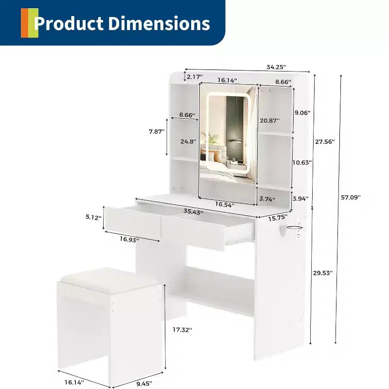 Coiffeuse avec miroir et lumières, 3 modes d'éclairage à luminosité réglable, étagères de rangement dissimulées, tabouret rembourré, pour chambre à coucher