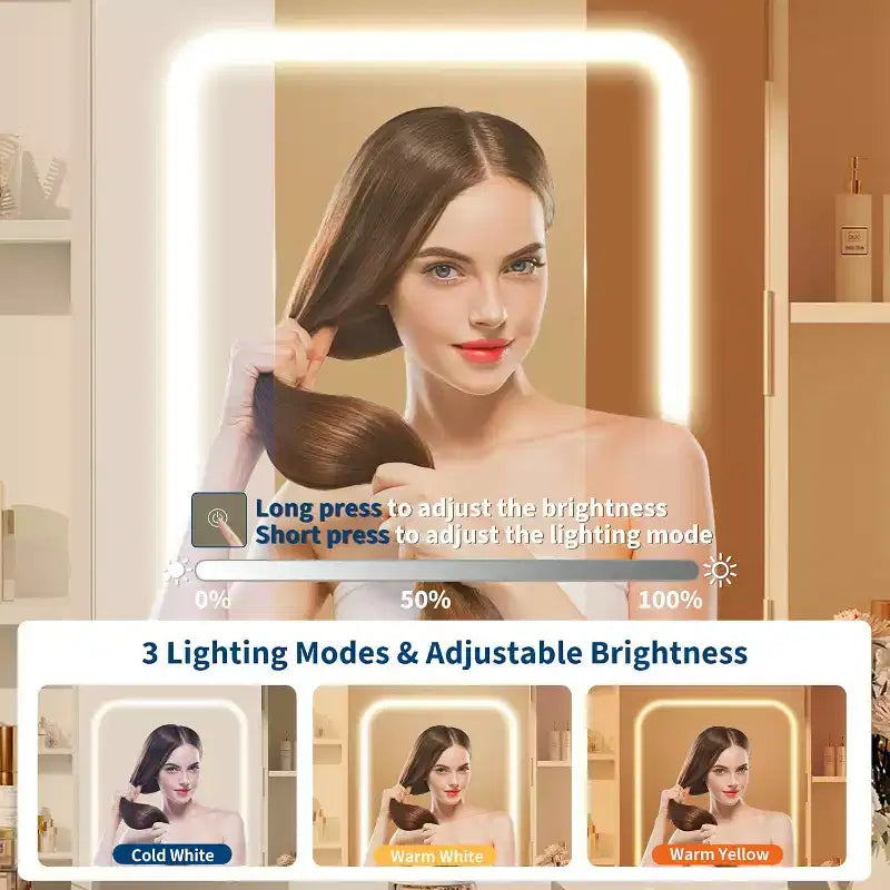 Coiffeuse avec miroir et lumières, 3 modes d'éclairage à luminosité réglable, étagères de rangement dissimulées, tabouret rembourré, pour chambre à coucher