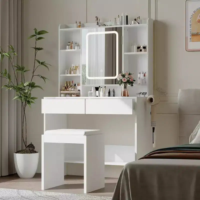 Coiffeuse avec miroir et lumières, 3 modes d'éclairage à luminosité réglable, étagères de rangement dissimulées, tabouret rembourré, pour chambre à coucher