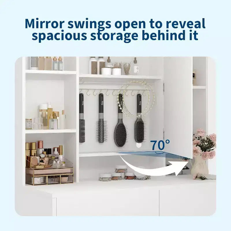 Coiffeuse avec miroir et lumières, 3 modes d'éclairage à luminosité réglable, étagères de rangement dissimulées, tabouret rembourré, pour chambre à coucher