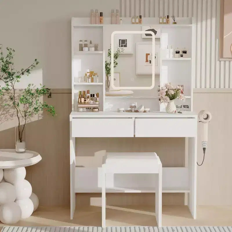 Coiffeuse avec miroir et lumières, 3 modes d'éclairage à luminosité réglable, étagères de rangement dissimulées, tabouret rembourré, pour chambre à coucher