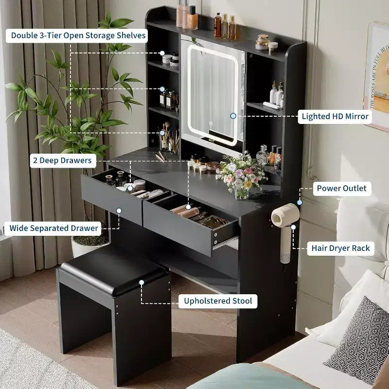 Coiffeuse avec miroir et lumières, 3 modes d'éclairage à luminosité réglable, étagères de rangement dissimulées, tabouret rembourré, pour chambre à coucher
