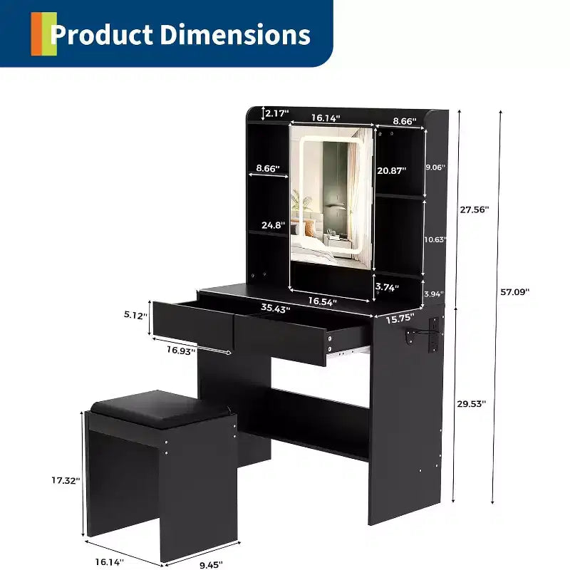 Coiffeuse avec miroir et lumières, 3 modes d'éclairage à luminosité réglable, étagères de rangement dissimulées, tabouret rembourré, pour chambre à coucher