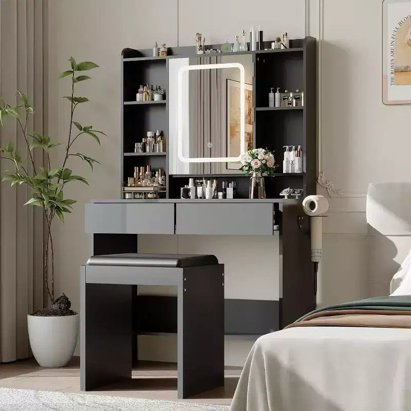 Coiffeuse avec miroir et lumières, 3 modes d'éclairage à luminosité réglable, étagères de rangement dissimulées, tabouret rembourré, pour chambre à coucher