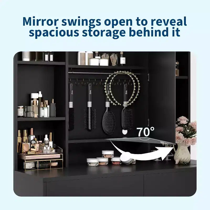 Coiffeuse avec miroir et lumières, 3 modes d'éclairage à luminosité réglable, étagères de rangement dissimulées, tabouret rembourré, pour chambre à coucher