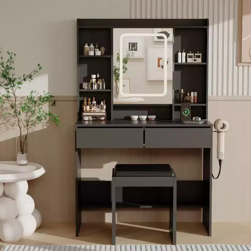 Coiffeuse avec miroir et lumières, 3 modes d'éclairage à luminosité réglable, étagères de rangement dissimulées, tabouret rembourré, pour chambre à coucher