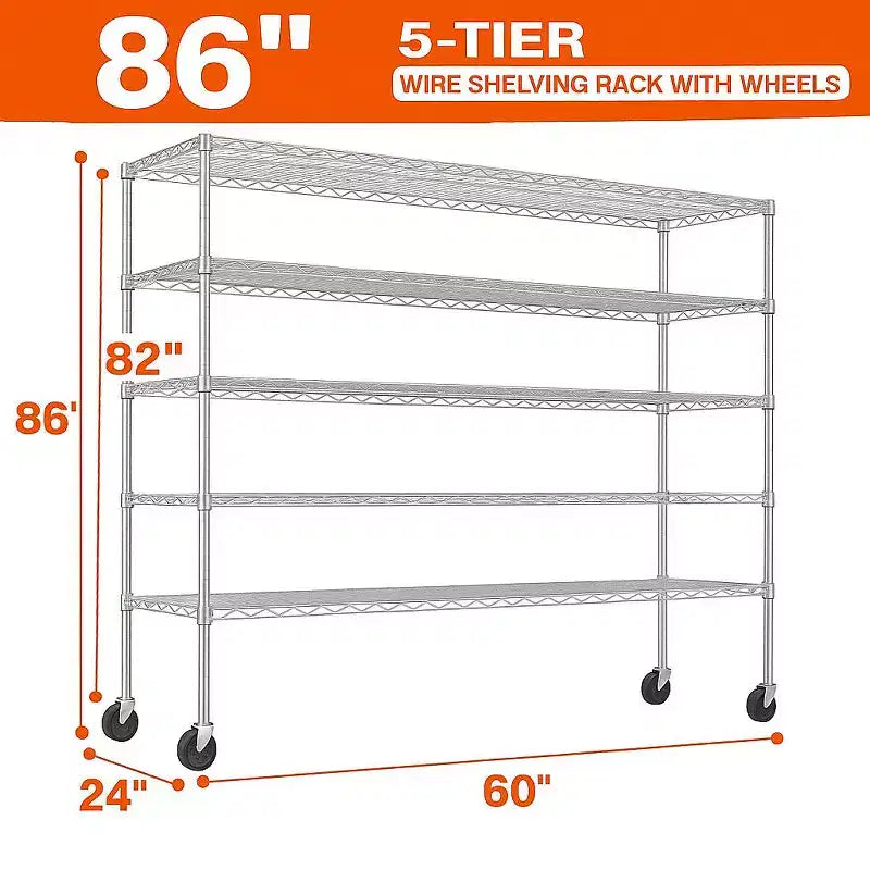 Étagère de rangement en métal robuste à 5 niveaux avec roulettes, 3000 lb, 60 la. x 24 p. x 82 h. po.