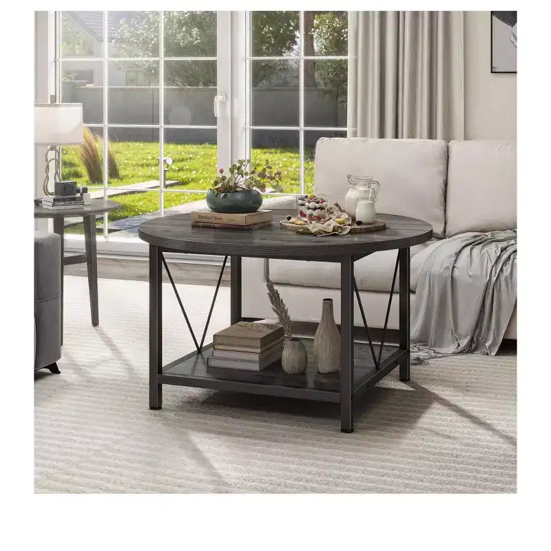 Table basse ronde moderne à 2 niveaux avec étagère ouverte pour salon et bureau