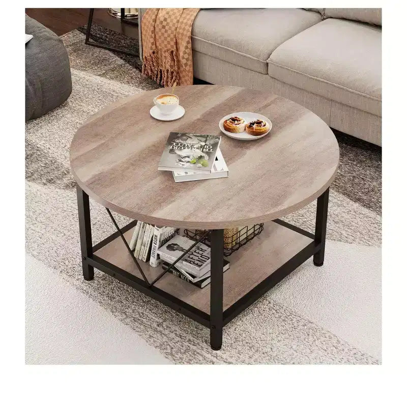 Table basse ronde moderne à 2 niveaux avec étagère ouverte pour salon et bureau