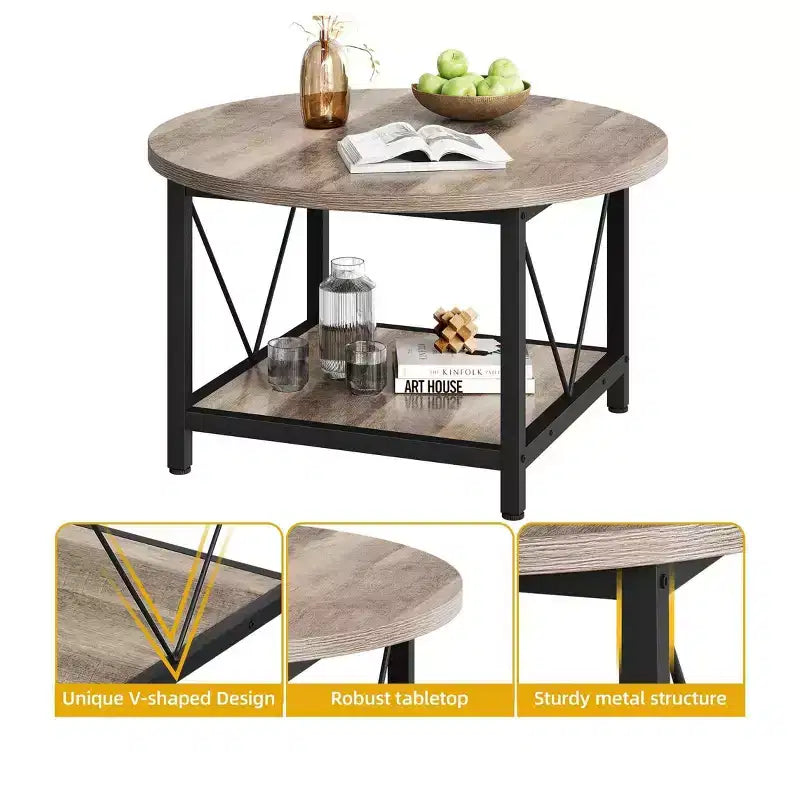 Table basse ronde moderne à 2 niveaux avec étagère ouverte pour salon et bureau