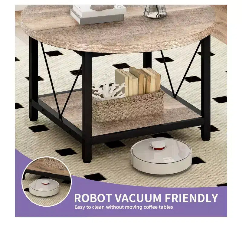 Table basse ronde moderne à 2 niveaux avec étagère ouverte pour salon et bureau