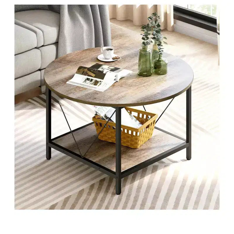 Table basse ronde moderne à 2 niveaux avec étagère ouverte pour salon et bureau