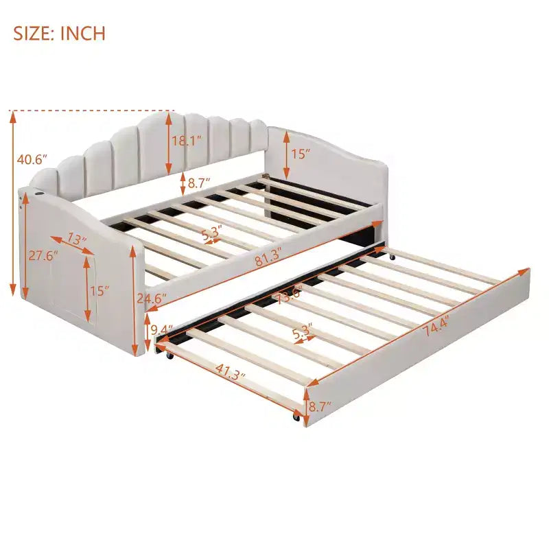 Lit de repos double avec lit gigogne pour adultes, enfants et adolescents, velours, beige