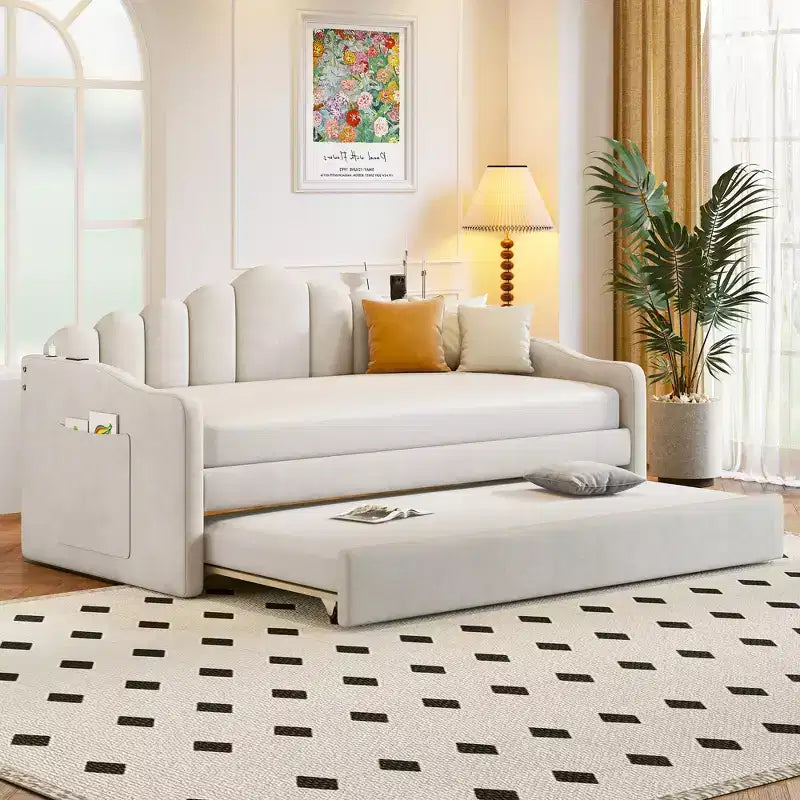 Lit de repos double avec lit gigogne pour adultes, enfants et adolescents, velours, beige