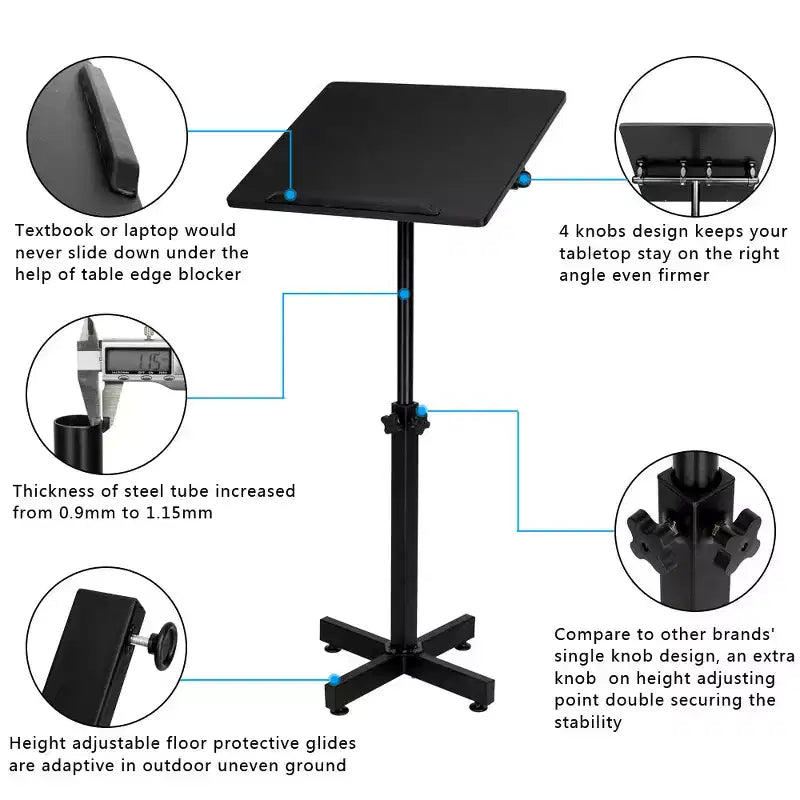 Pupitre de conférence réglable en hauteur, plateau polyvalent pour discours, conférences et support d'ordinateur portable avec butée de bord, noir