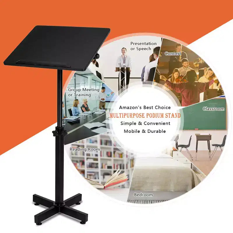 Pupitre de conférence réglable en hauteur, plateau polyvalent pour discours, conférences et support d'ordinateur portable avec butée de bord, noir