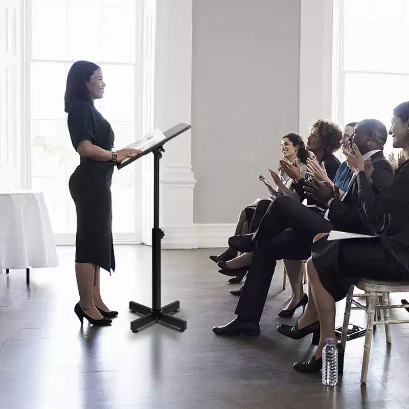 Pupitre de conférence réglable en hauteur, plateau polyvalent pour discours, conférences et support d'ordinateur portable avec butée de bord, noir