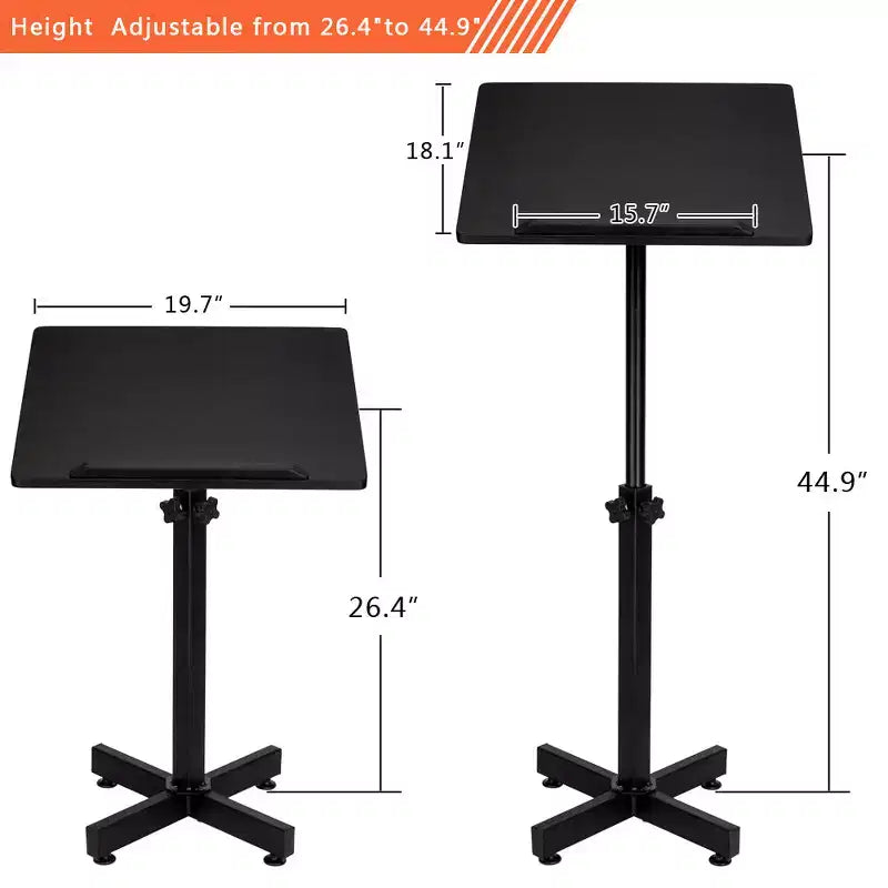 Pupitre de conférence réglable en hauteur, plateau polyvalent pour discours, conférences et support d'ordinateur portable avec butée de bord, noir