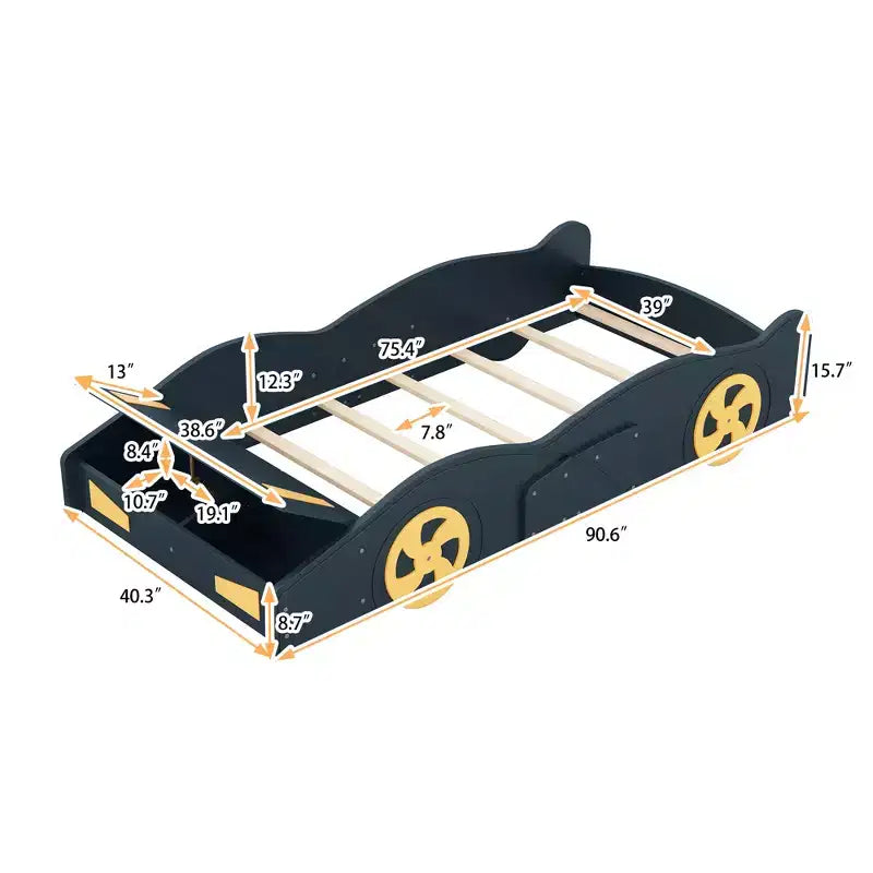 Lit plateforme pour enfant en forme de voiture de course grandeur nature avec roues et rangement, bleu foncé