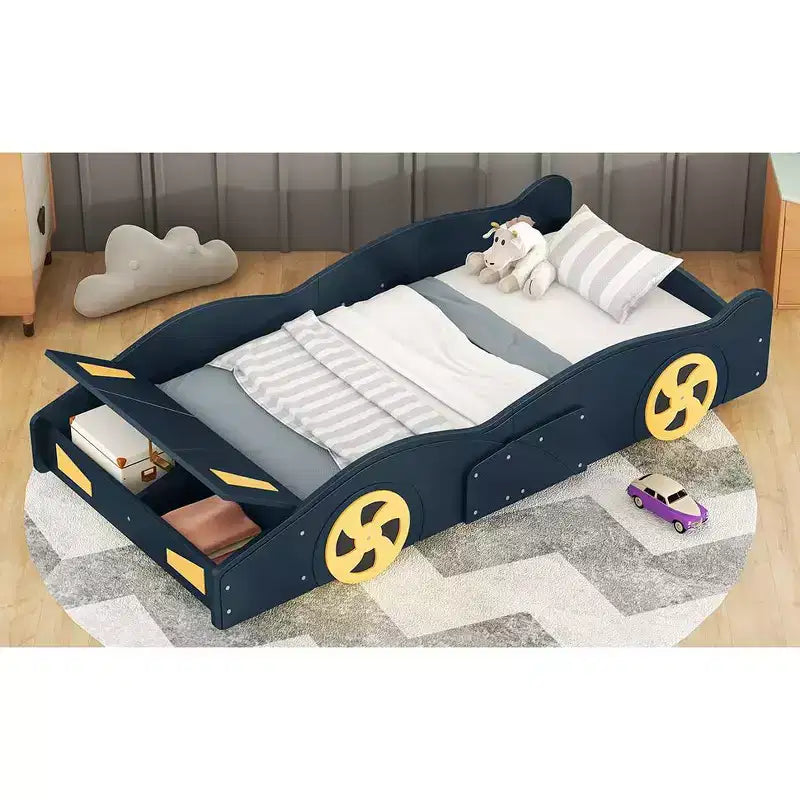 Lit plateforme pour enfant en forme de voiture de course grandeur nature avec roues et rangement, bleu foncé