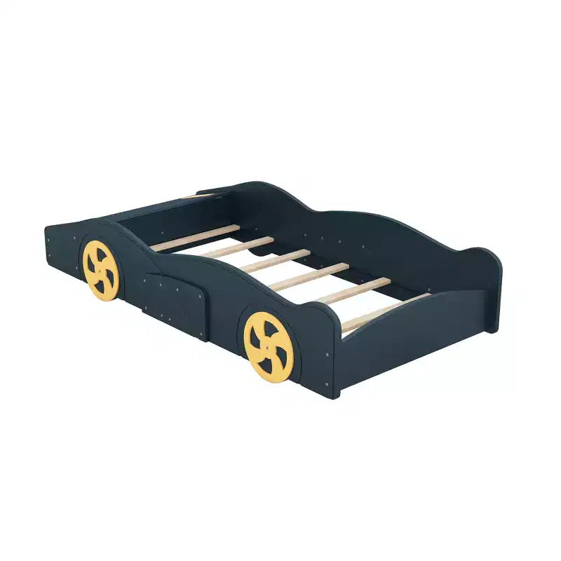 Lit plateforme pour enfant en forme de voiture de course grandeur nature avec roues et rangement, bleu foncé
